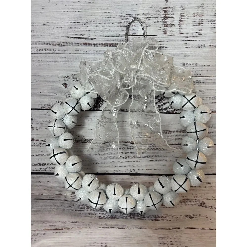 Christmas Holiday Sleigh Bell‎ White Iridescent Wreath 12